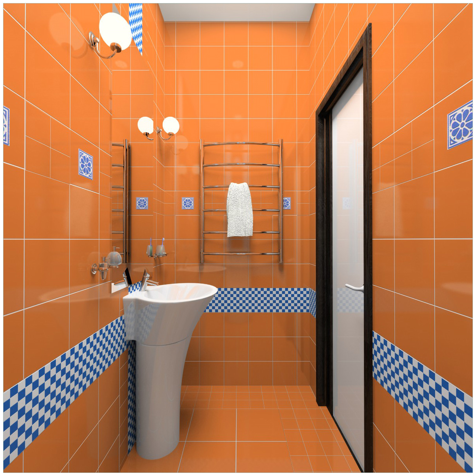 Glasbild Modernes Badezimmer In Orange Mit Blauen Fliesen throughout Glasbilder Für Badezimmer